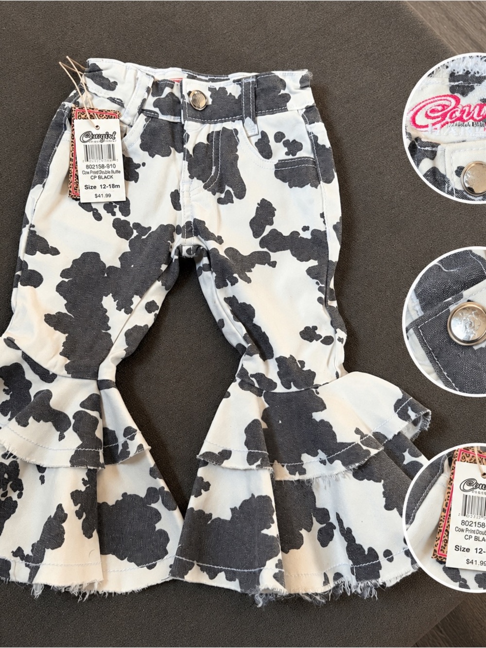 Cowgirl Toddler Cow Print Double Ruffle Bell Bottom Jeans